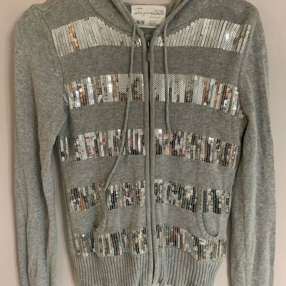 Aeropostale Grey Silver Sequin Hoodie Jacket juniors Medium Holiday Knit Sweater - Picture 3 of 8
